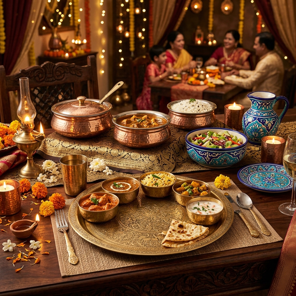 Mughal Handcrafted Brass & Copper Culture Dining Set in Hammered Copper
